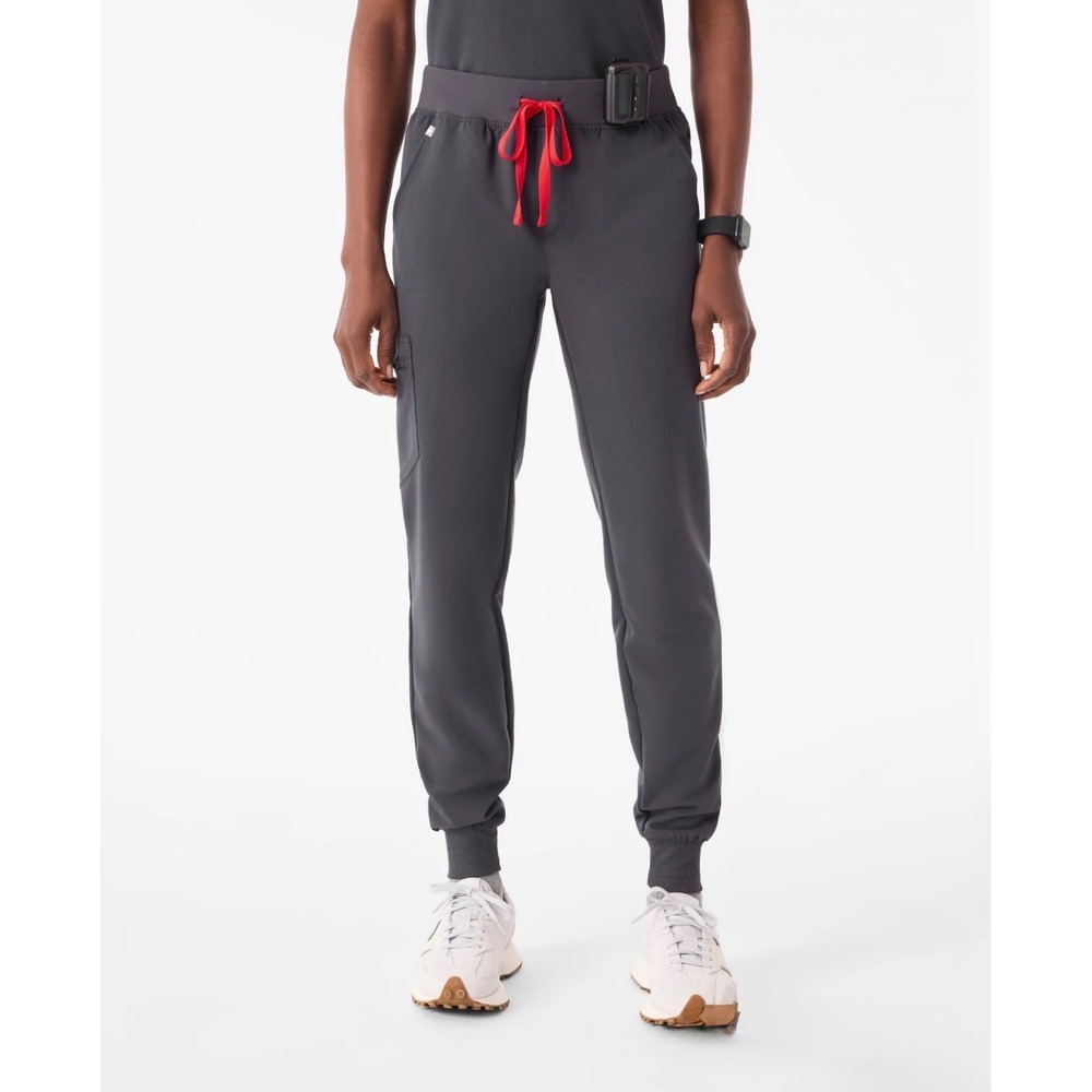FIGS Zamora Jogger Scrub Pants Charcoal Gray Red Drawstring High Waist S